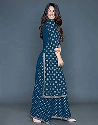 PK HUB Women's Rayon Gold Print Blue Kurta and Palazzo Set - XL, BLUE