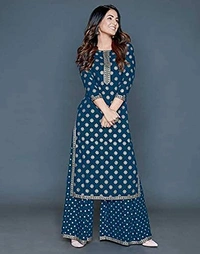 PK HUB Women's Rayon Gold Print Blue Kurta and Palazzo Set - XL, BLUE