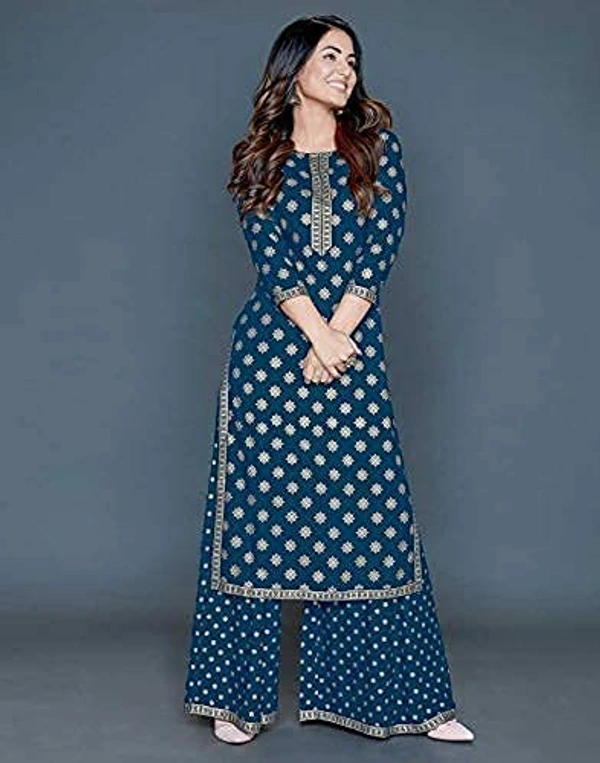 PK HUB Women's Rayon Gold Print Blue Kurta and Palazzo Set - XL, BLUE
