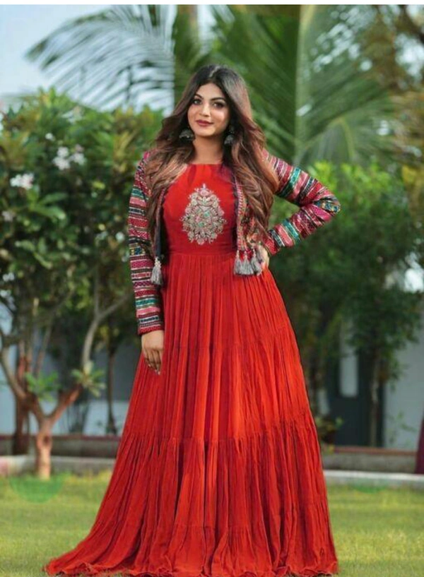 PK HUB Women's Rayon Printed Anarkali Kurti with Jacket - XXL, Red