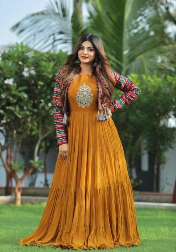 PK HUB Women's Rayon Printed Anarkali Kurti with Jacket - XXL, Yellow