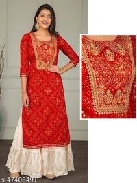 PK HUB Women's Rayon Printed Kurti with BUTTOM Set (RED) - L, Red