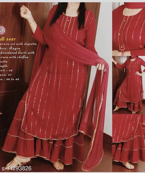 PK HUB Women's Solid Party Wear Kurta Set with Sharara - M, Red