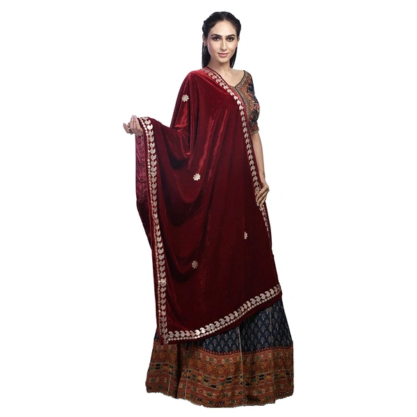 PK HUB Women's Velvet Gota Patti Dupatta (1Pc Dupatta Only, 30 Inches x 2.25 MTRS) - FREE SIZE, Maroon