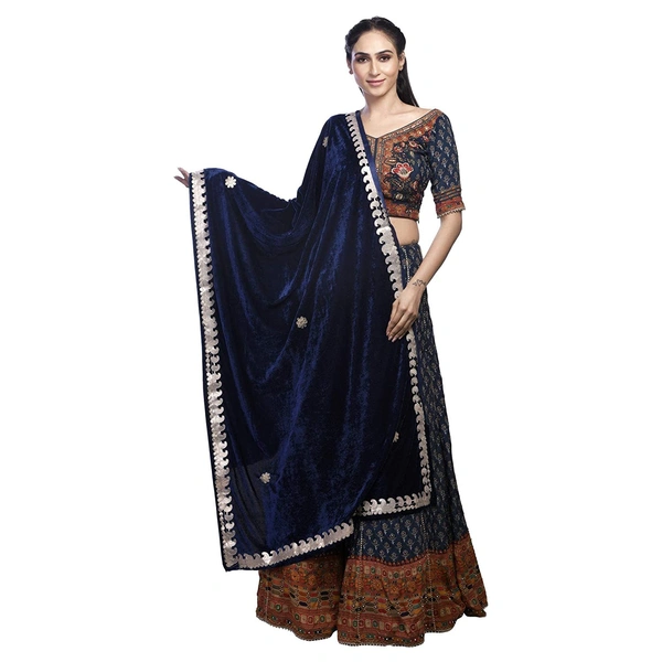 PK HUB Women's Velvet Gota Patti Dupatta (1Pc Dupatta Only, 30 Inches x 2.25 MTRS) - FREE SIZE, Navy Blue