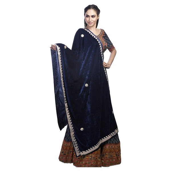 PK HUB Women's Velvet Gota Patti Dupatta (1Pc Dupatta Only, 30 Inches x 2.25 MTRS) - FREE SIZE, Navy Blue