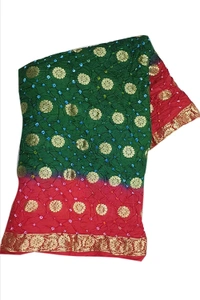 PK HUB  Women Banarasi Doller butti Silk Bandhani Saree - Red / Green