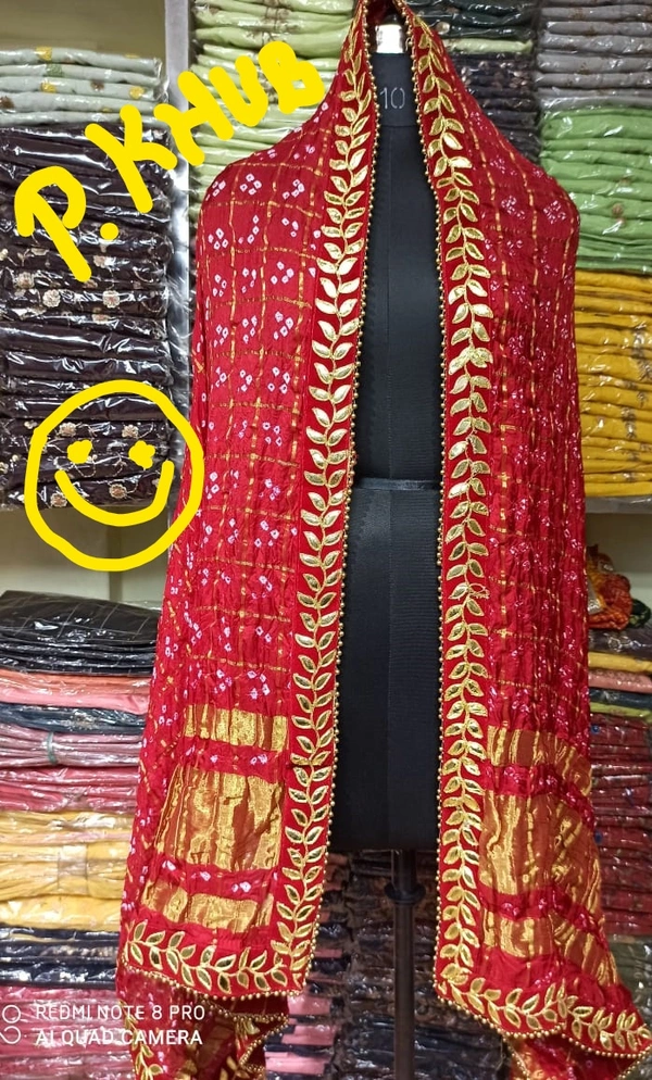 PK HUB womens Orignal Bandhej Silk Dupatta With Chex And Velvet gota patti border - FREE SIZE, Red