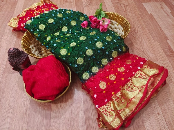 PK HUB Zari Butti Handmade Bandhej Tie Dye Saree with Zari Weaving Border in Art Silk Fabric - Multicolor