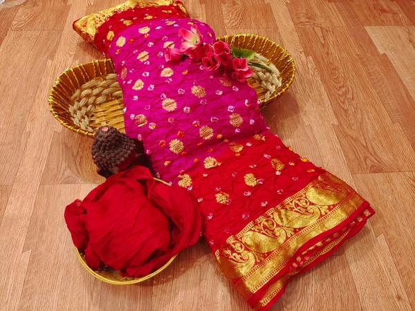 PK HUB Zari Butti Handmade Bandhej Tie Dye Saree with Zari Weaving Border in Art Silk Fabric - Multicolor