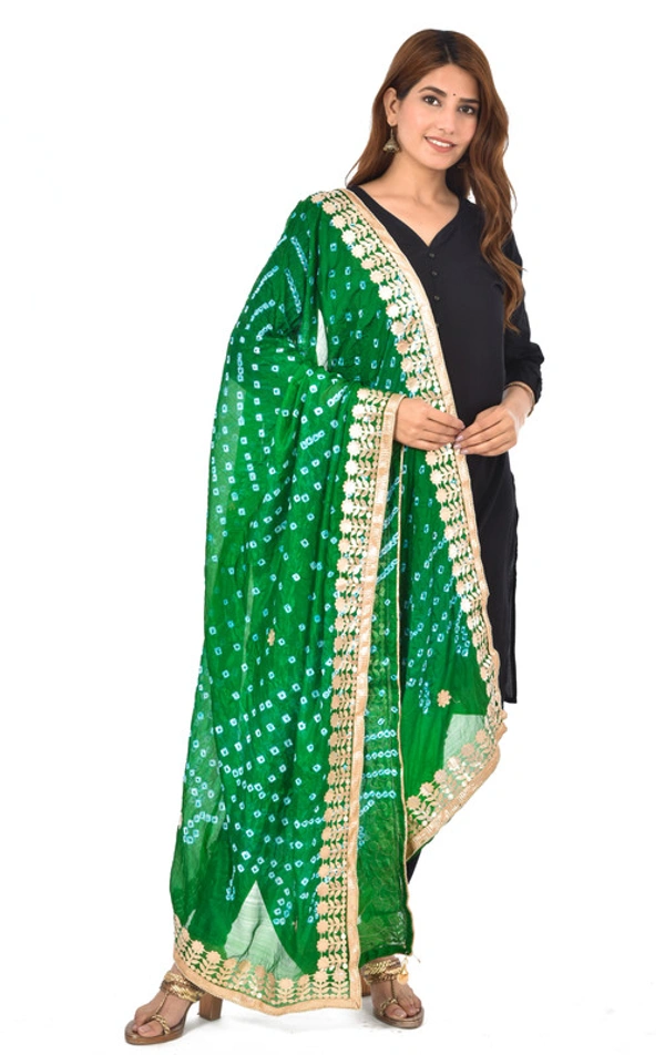 PK HUB® Dresses Jaipuri Rajasthani Women's Art Silk Bandhani Bandhej Dupatta With Heavy Gota Patti Work (Free size) - FREE SIZE, Green