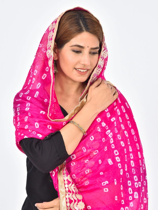 PK HUB® Dresses Jaipuri Rajasthani Women's Art Silk Bandhani Bandhej Dupatta With Heavy Gota Patti Work (Free size) - FREE SIZE, Pink
