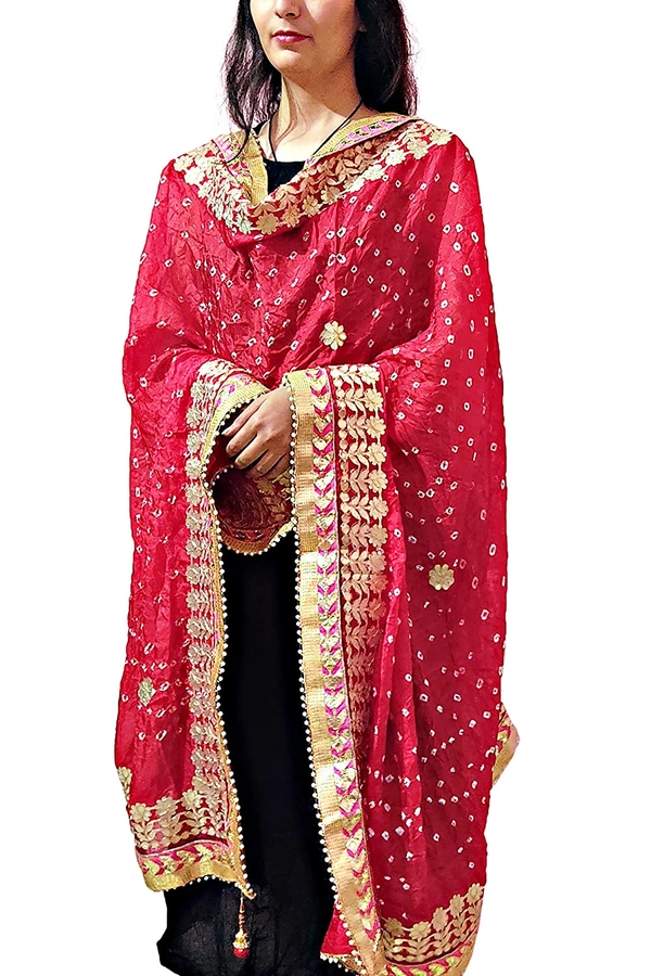 PK HUB® Dresses Women's Jaipuri Rajasthani Girl's Bandhej Dupatta with Heavy Gota Patti Work (Red Heavy Bandhej) (Free Size) - FREE SIZE, Red