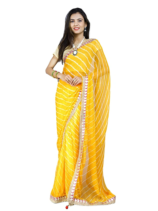 PK HUB® Women's & Girl's Leheriya Chiffon Moti less gota patti border Saree With Blouse Piece - Yellow