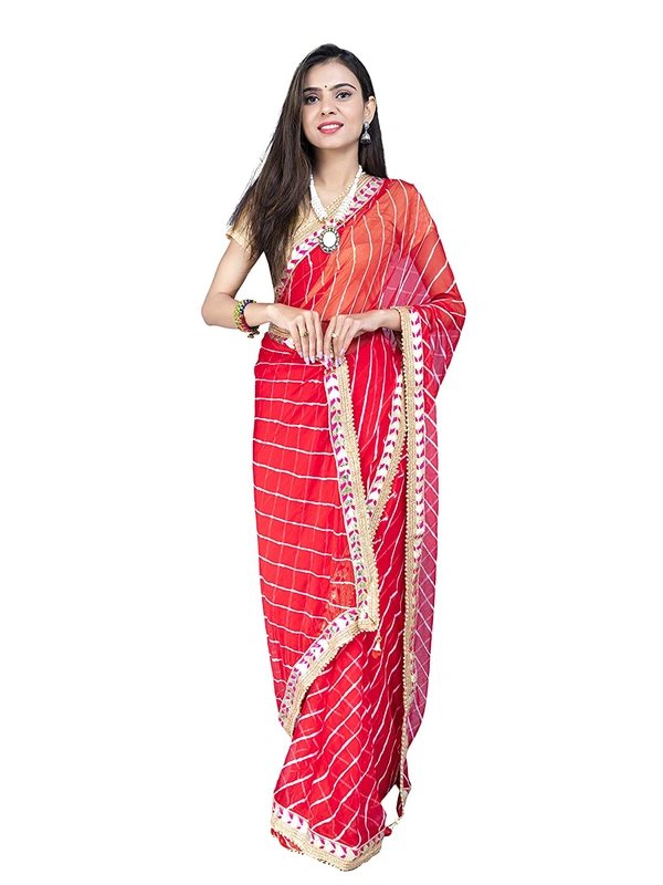 PK HUB® Women's & Girl's Leheriya Chiffon Moti less gota patti border Saree With Blouse Piece - Red