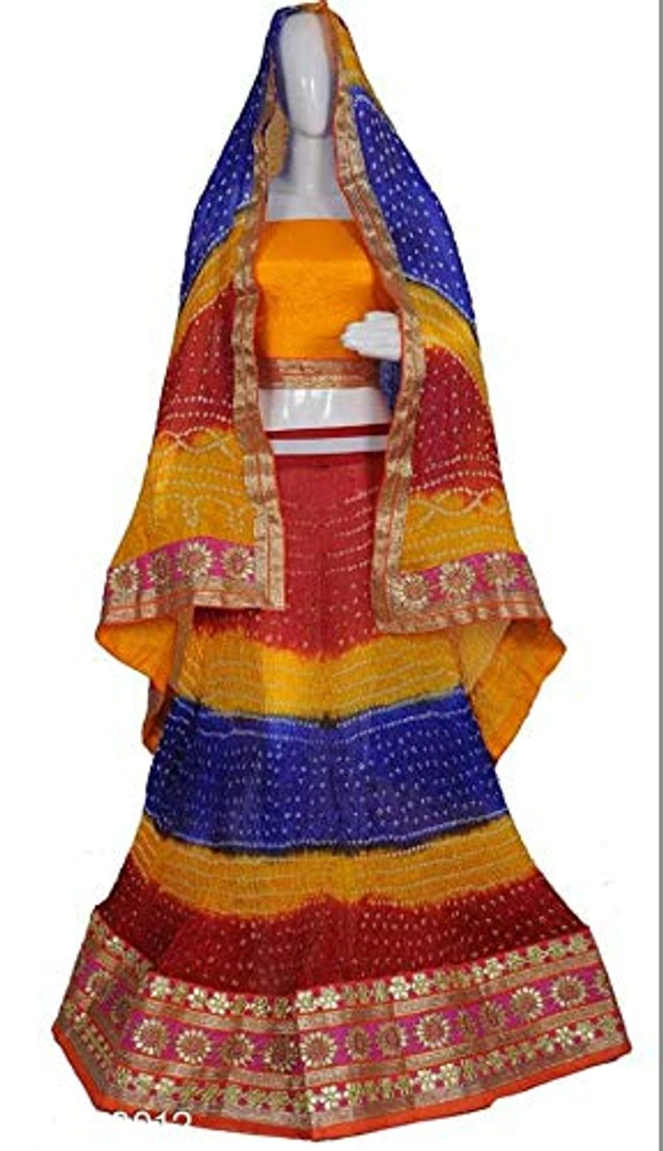 PK HUB® Women's Art Silk Rajasthani Bandhej stitched Ready to wear Lehenga Choli with Dupatta set - Yellow & Blue