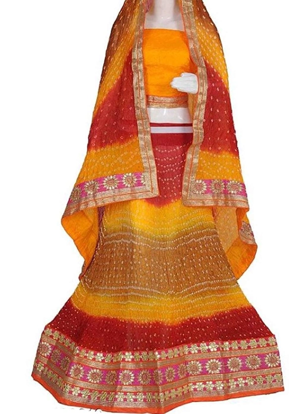 PK HUB® Women's Art Silk Rajasthani Bandhej stitched Ready to wear Lehenga Choli with Dupatta set - Yellow &Red