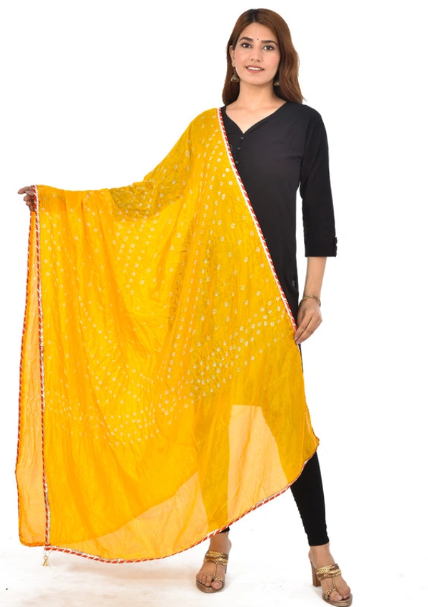 PK HUB® Women's Jaipuri Rajasthani Silk Bandhani Bandhej Multi and single-Colored Dupatta with Small mugji border and latkan - FREE SIZE, Yellow