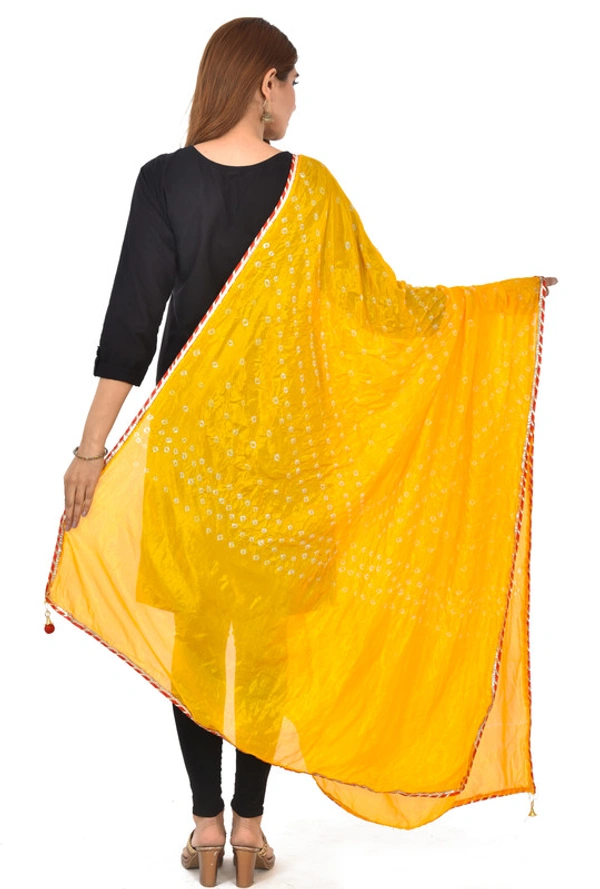 PK HUB® Women's Jaipuri Rajasthani Silk Bandhani Bandhej Multi and single-Colored Dupatta with Small mugji border and latkan - FREE SIZE, Yellow