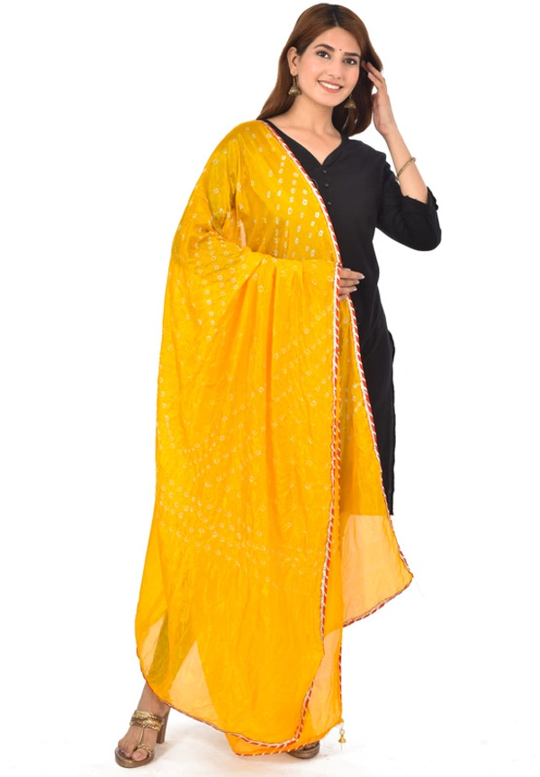 PK HUB® Women's Jaipuri Rajasthani Silk Bandhani Bandhej Multi and single-Colored Dupatta with Small mugji border and latkan - FREE SIZE, Yellow