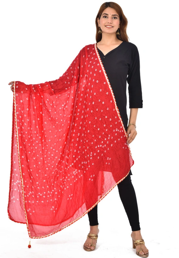 PK HUB® Women's Jaipuri Rajasthani Silk Bandhani Bandhej Multi and single-Colored Dupatta with Small mugji border and latkan - FREE SIZE, Red