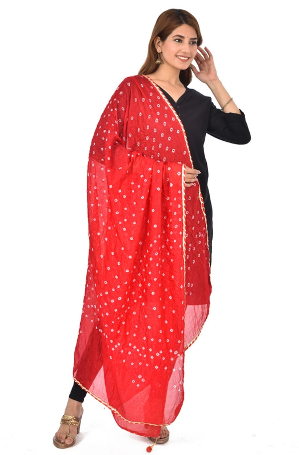 PK HUB® Women's Jaipuri Rajasthani Silk Bandhani Bandhej Multi and single-Colored Dupatta with Small mugji border and latkan - FREE SIZE, Red