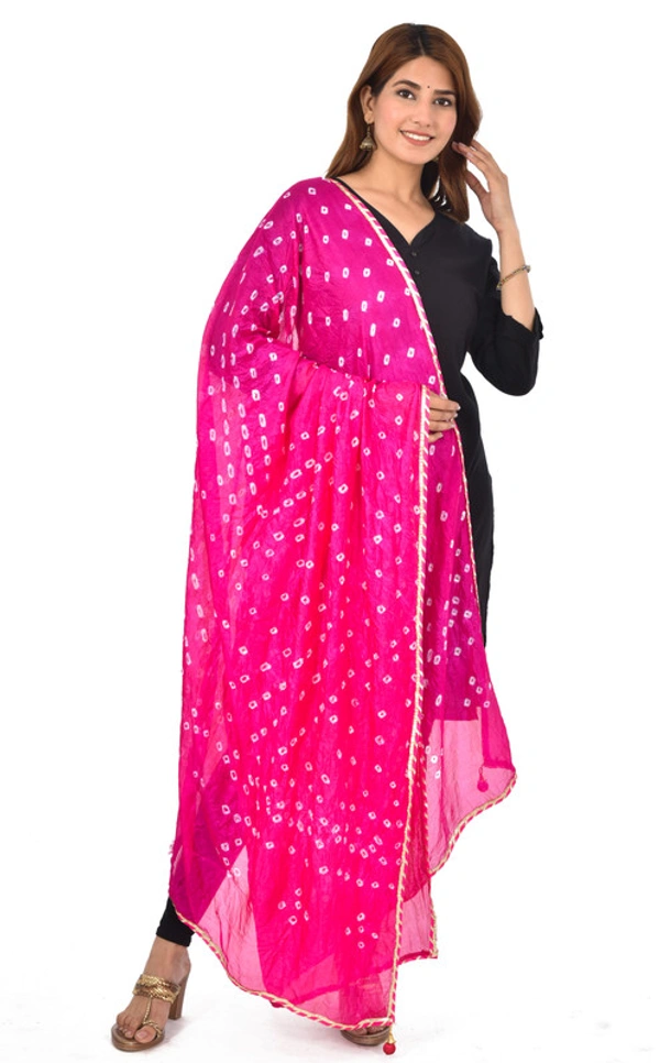 PK HUB® Women's Jaipuri Rajasthani Silk Bandhani Bandhej Multi and single-Colored Dupatta with Small mugji border and latkan - FREE SIZE, Pink