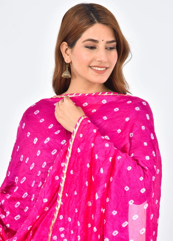 PK HUB® Women's Jaipuri Rajasthani Silk Bandhani Bandhej Multi and single-Colored Dupatta with Small mugji border and latkan - FREE SIZE, Pink