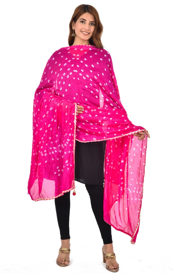 PK HUB® Women's Jaipuri Rajasthani Silk Bandhani Bandhej Multi and single-Colored Dupatta with Small mugji border and latkan - FREE SIZE, Pink