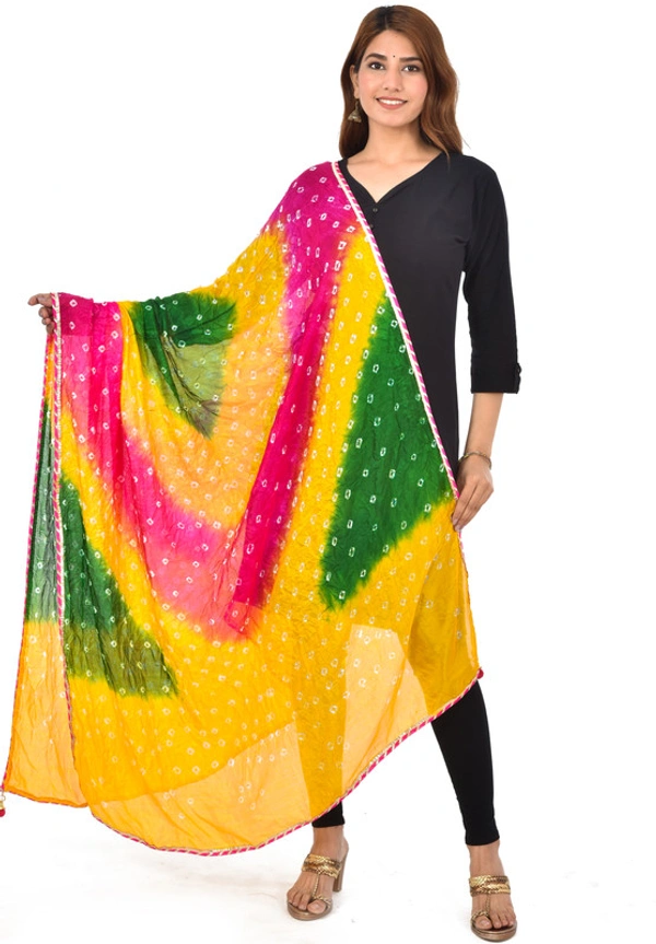 PK HUB® Women's Jaipuri Rajasthani Silk Bandhani Bandhej Multi and single-Colored Dupatta with Small mugji border and latkan - FREE SIZE, Multicolour