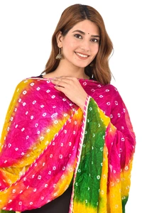 PK HUB® Women's Jaipuri Rajasthani Silk Bandhani Bandhej Multi and single-Colored Dupatta with Small mugji border and latkan - FREE SIZE, Multicolour