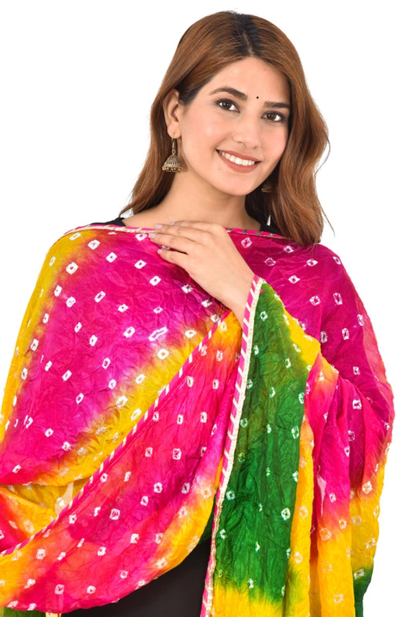 PK HUB® Women's Jaipuri Rajasthani Silk Bandhani Bandhej Multi and single-Colored Dupatta with Small mugji border and latkan - FREE SIZE, Multicolour