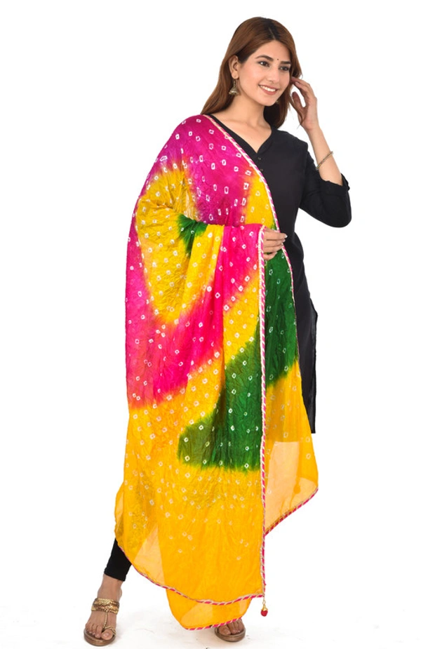 PK HUB® Women's Jaipuri Rajasthani Silk Bandhani Bandhej Multi and single-Colored Dupatta with Small mugji border and latkan - FREE SIZE, Multicolour