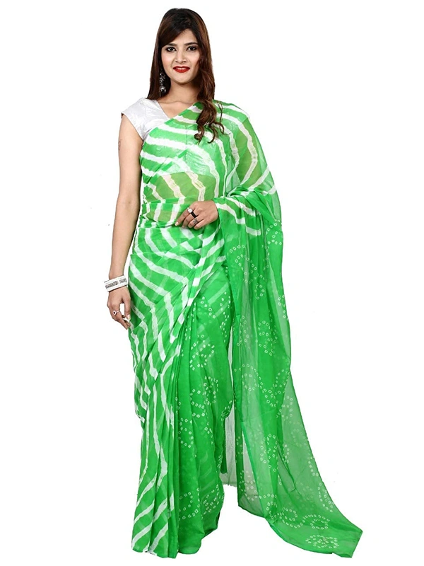 PK HUB® Women's Plain Weave Chiffon Saree With Blouse Piece - Parrot Green