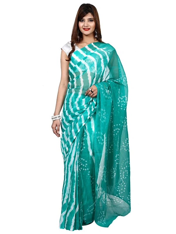 PK HUB® Women's Plain Weave Chiffon Saree With Blouse Piece - Rama Green