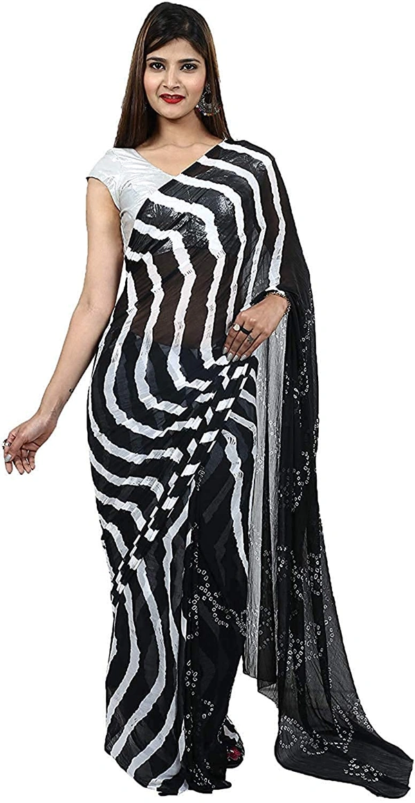 PK HUB® Women's Plain Weave Chiffon Saree With Blouse Piece - Black