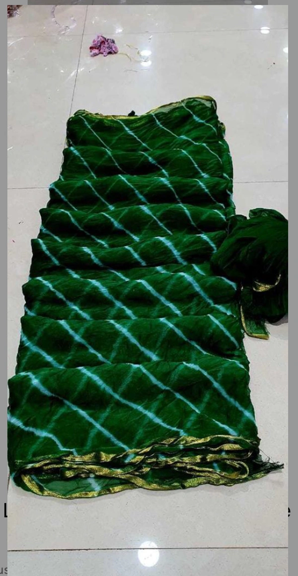 PK HUB®Women's Chiffon Leheriya Saree With Same Color Blouse Piece - Green