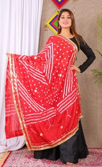 PK MART Dresses Jaipuri Rajasthani Women's Art Silk Bandhani Bandhej Dupatta With Heavy Mirror Work (Free size) - Free Size, Red