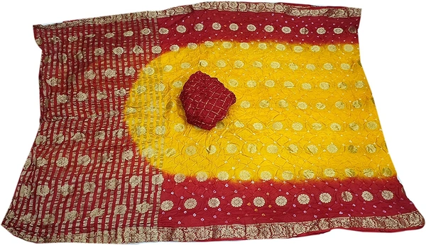 PK MART Women's art silk Zari butti Handmade Bandhej saree with zari weaving border fabric - Gold & Red