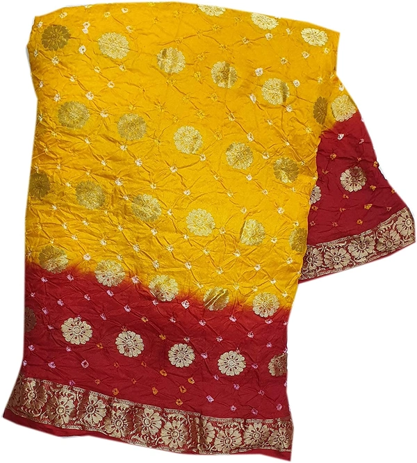 PK MART Women's art silk Zari butti Handmade Bandhej saree with zari weaving border fabric - Gold & Red