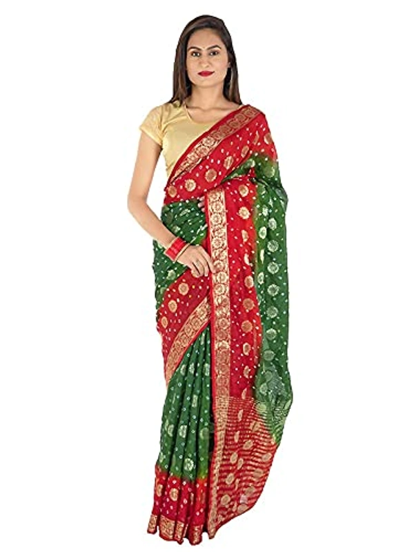 PK MART Women's art silk Zari butti Handmade Bandhej saree with zari weaving border fabric - Red & Green