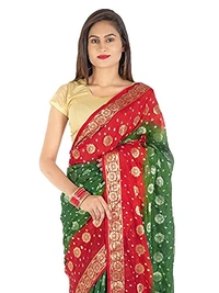 PK MART Women's art silk Zari butti Handmade Bandhej saree with zari weaving border fabric - Red & Green
