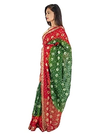 PK MART Women's art silk Zari butti Handmade Bandhej saree with zari weaving border fabric - Red & Green