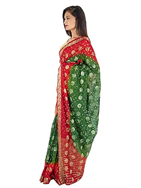 PK MART Women's art silk Zari butti Handmade Bandhej saree with zari weaving border fabric - Red & Green