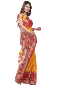 PK MART Women's art silk Zari butti Handmade Bandhej saree with zari weaving border fabric - Red & Green
