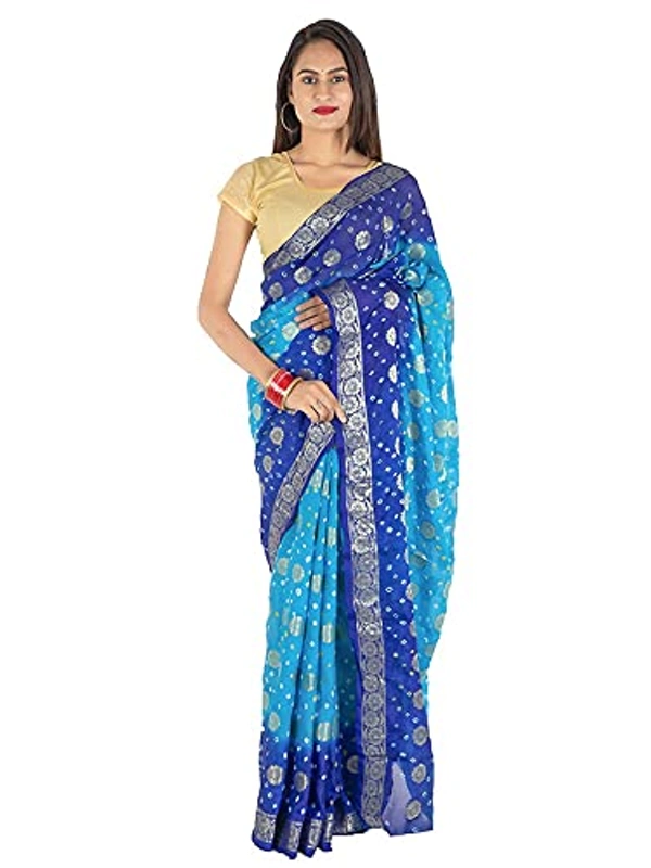 PK MART Women's art silk Zari butti Handmade Bandhej saree with zari weaving border fabric - Sky Blue