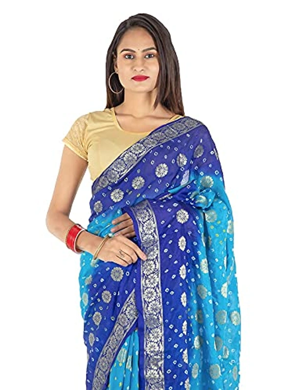 PK MART Women's art silk Zari butti Handmade Bandhej saree with zari weaving border fabric - Sky Blue