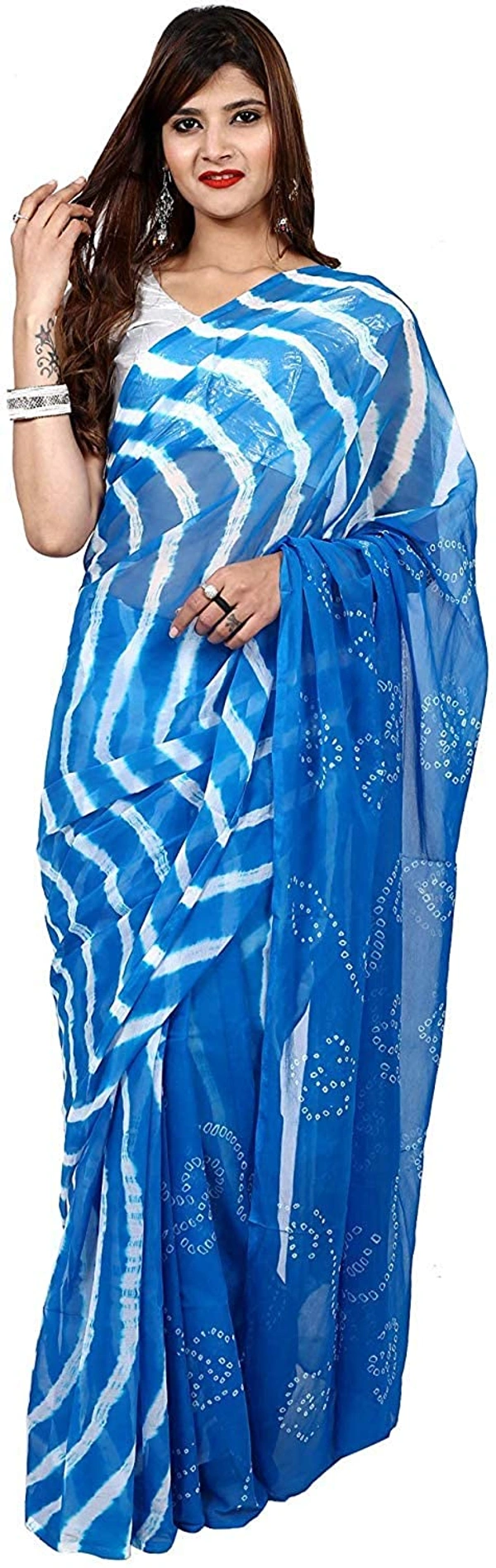 PK MART Women's art silk Zari butti Handmade Bandhej saree with zari weaving border fabric - Sky Blue