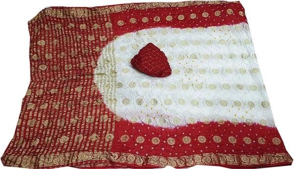 PK MART Women's art silk Zari butti Handmade Bandhej saree with zari weaving border fabric - White & Red
