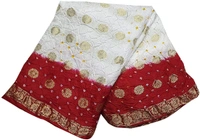 PK MART Women's art silk Zari butti Handmade Bandhej saree with zari weaving border fabric - White & Red
